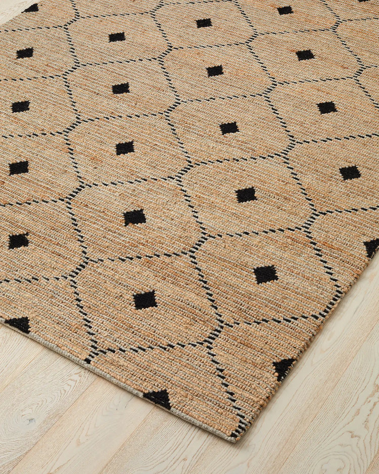Denali Sandstorm jute rug, 2m x 3m, natural tan with black ogee diamond pattern and braided cotton edge by Weave Home