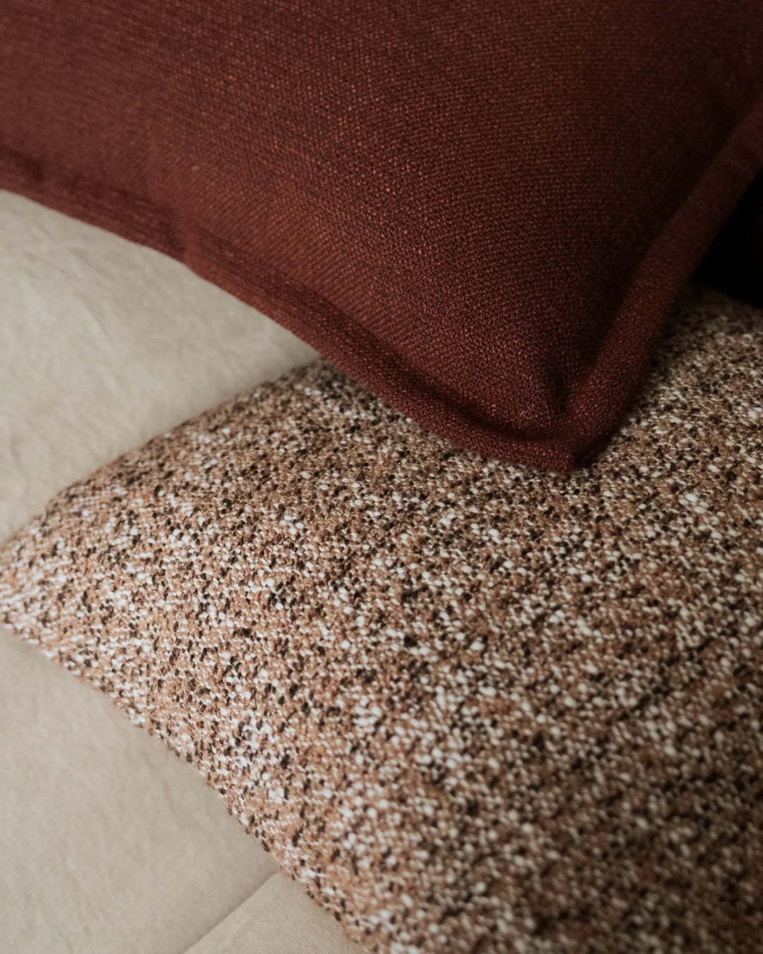 Figlio Paprika 50x50 cushion, close-up of chunky woven polyester texture and bold red tone by Weave Home