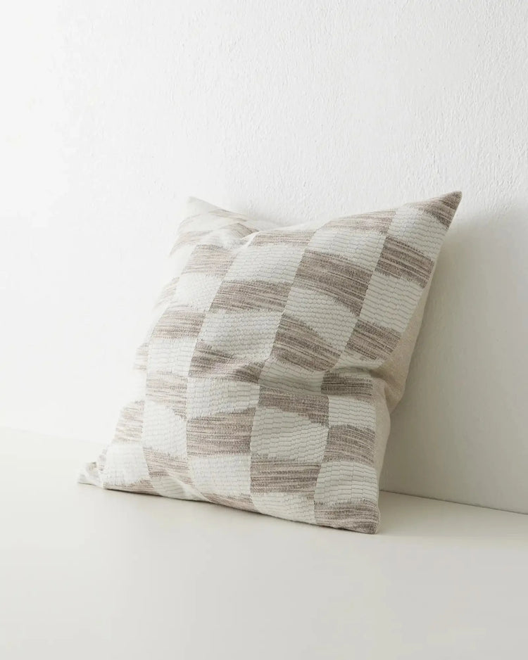 Senso Earth 50x50 woven cushion in cream and beige checkerboard pattern with textured linen-blend fabric by Weave Home