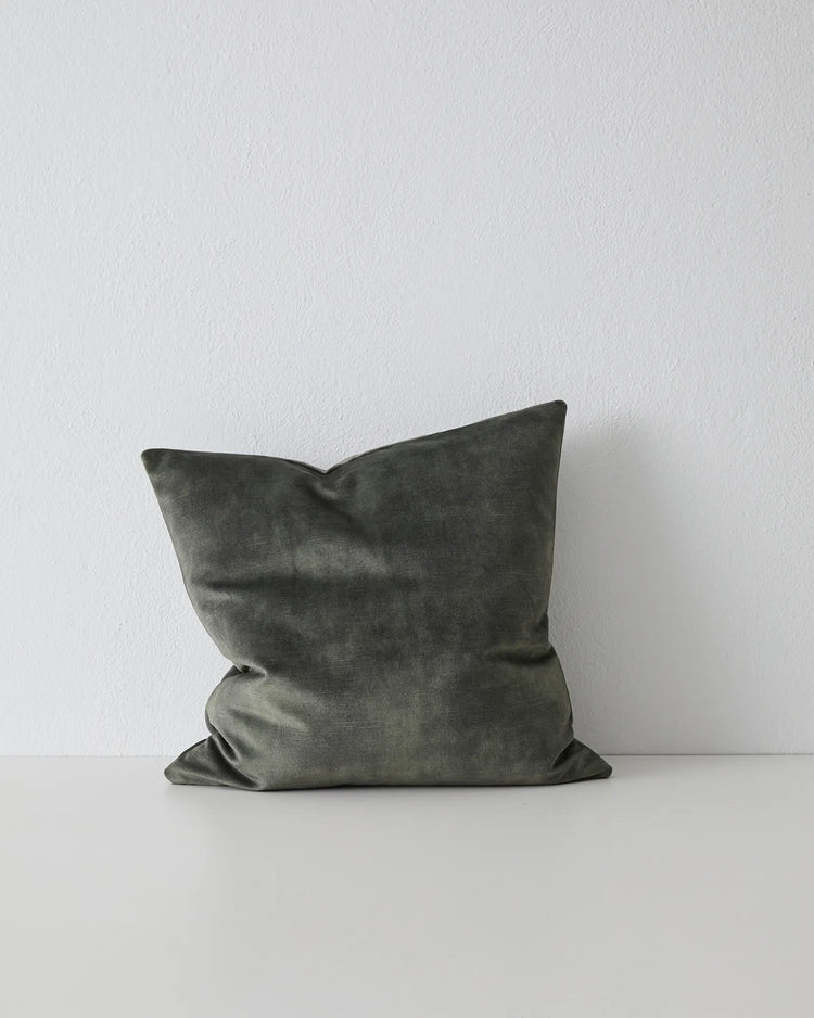 Ava Jade 50x50 polyester cushion in dark natural green with velvet-like texture by Weave Home