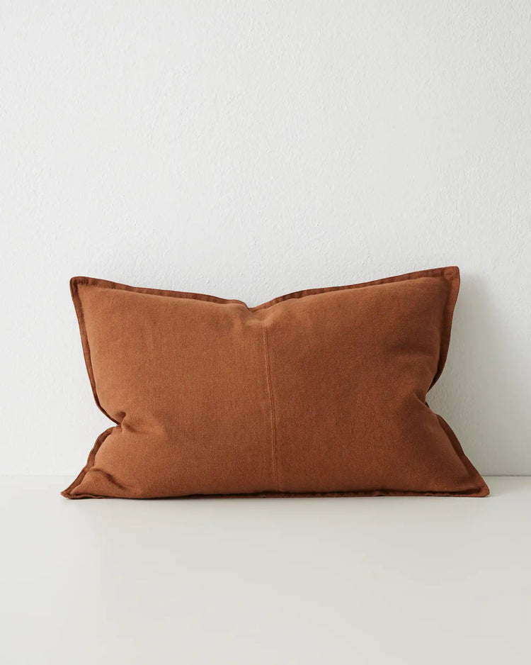 Como Tobacco linen cushion 40x60cm, stonewashed European linen in rich brown with piping detail, lumbar size by Weave Home