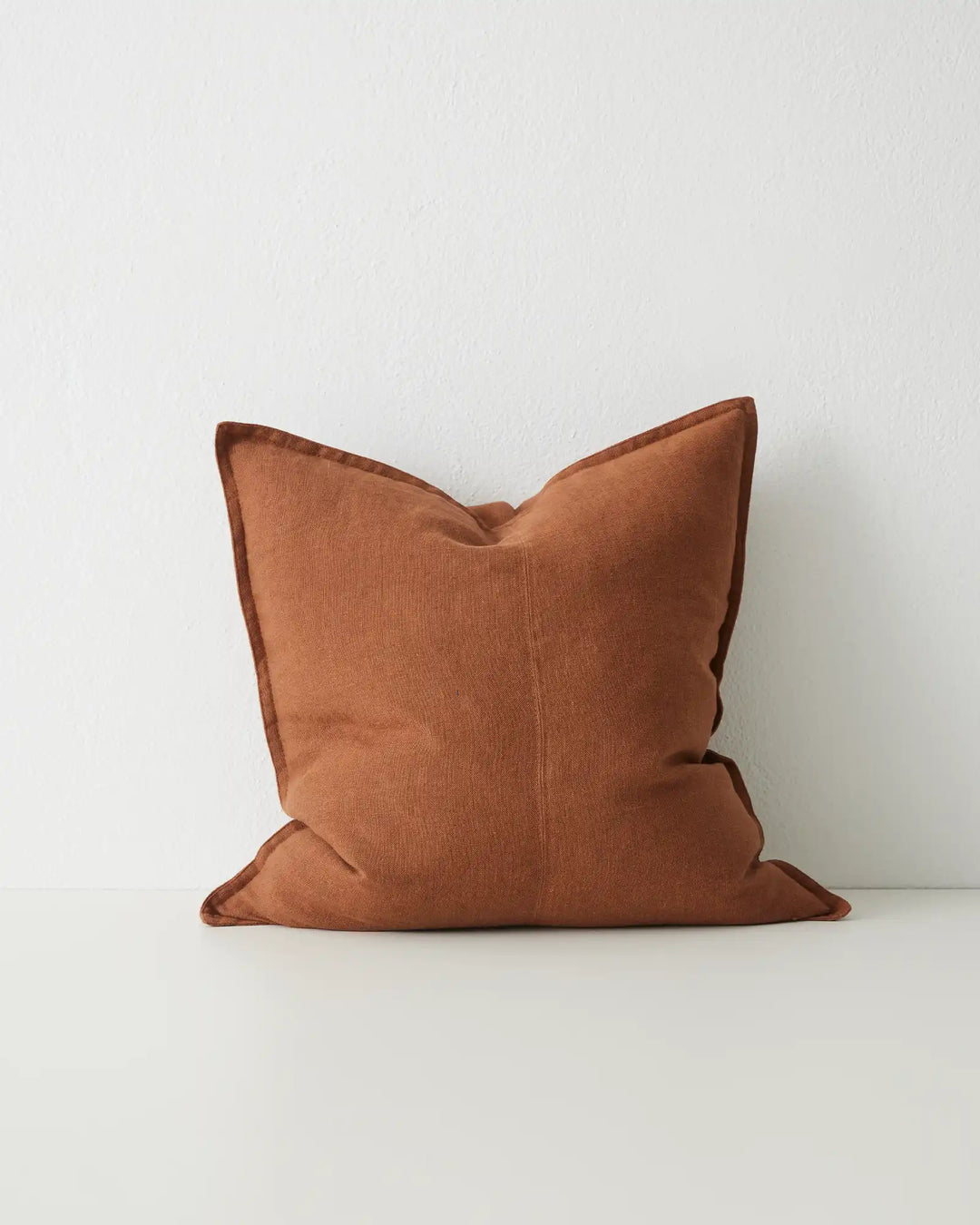 Como Tobacco linen cushion 50x50cm, European linen with blanket stitch edge detail in rich brown by Weave Home