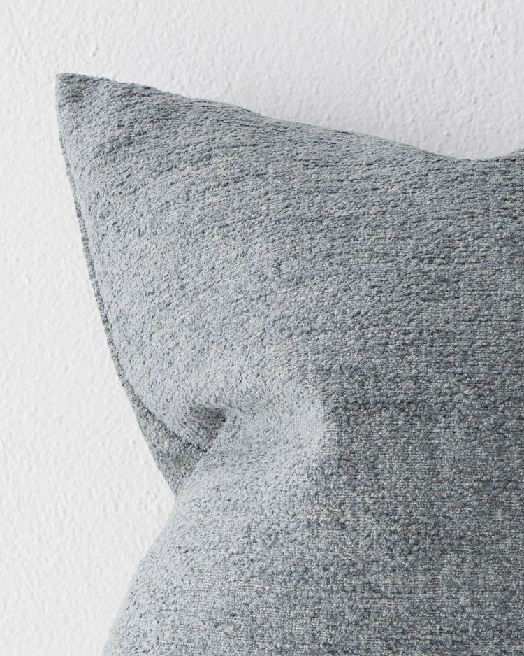 Laurent Storm cushion close-up, 50x50cm, light blue-grey viscose blend with textured chenille weave by Weave Home