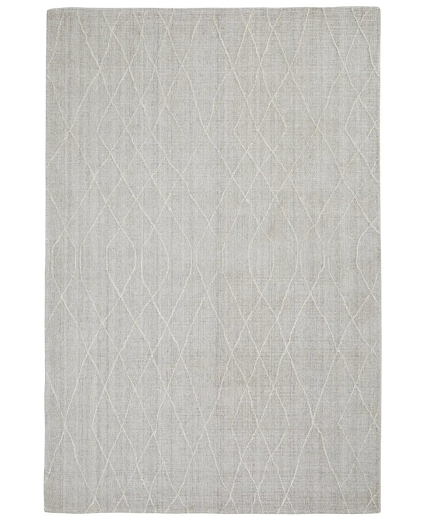 Katari Moon rug in light grey with all-over diamond weave pattern, viscose blend low traffic rug by Weave Home