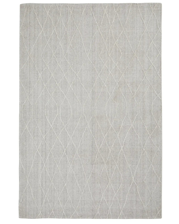Katari Moon rug in light grey with all-over diamond weave pattern, viscose blend low traffic rug by Weave Home