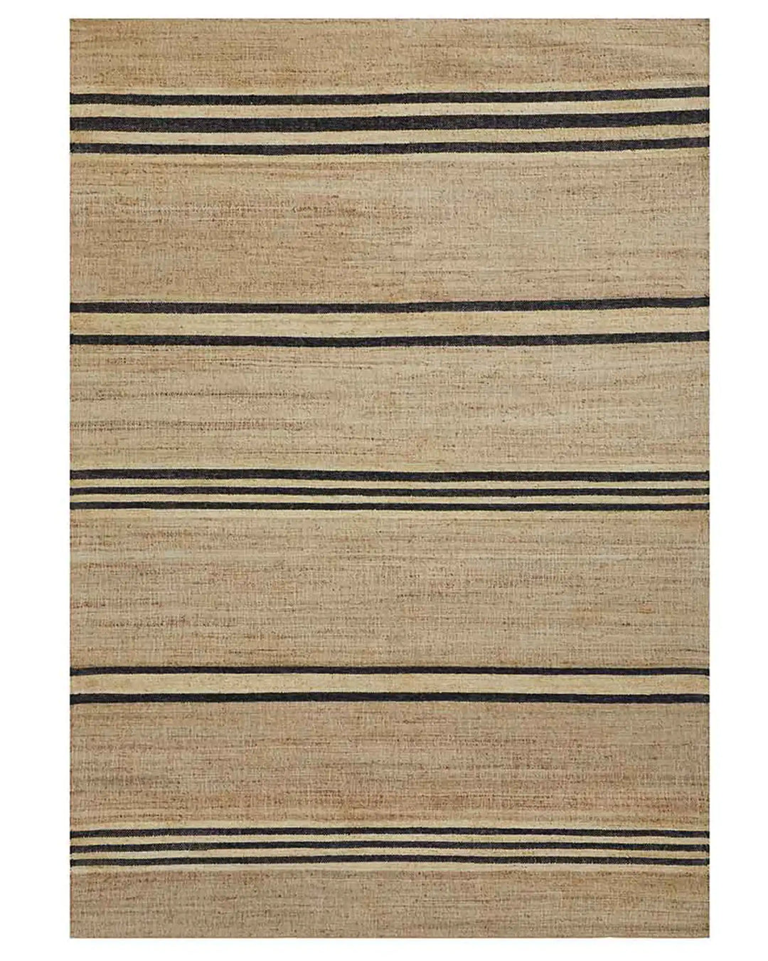 Umbra Natural jute rug with black and cream woven stripe detail, flat weave construction by Weave Home