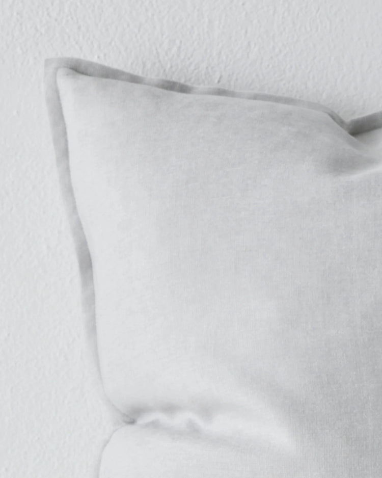 Fiore Glacier lumbar cushion in cool-toned grey, linen viscose blend with soft sheen and tailored edge detail, by Weave Home