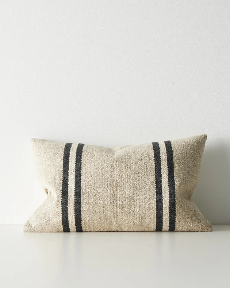 Mila Oyster lumbar cushion, 40x60cm wool linen blend with bold charcoal stripes on cream by Weave Home