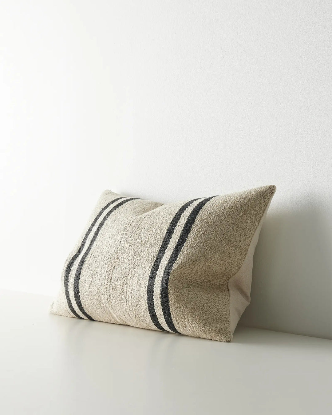 Mila Oyster lumbar cushion, 40x60cm, wool linen blend with bold charcoal stripes on neutral woven base by Weave Home