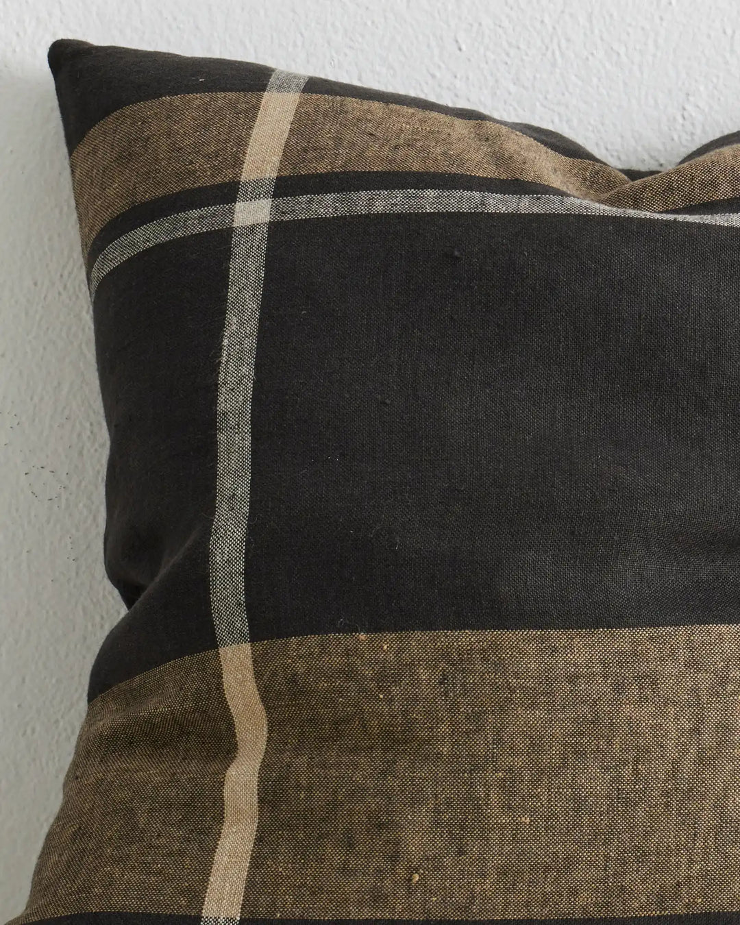 Dante Midnight linen cushion, 50x50cm, charcoal check with natural stripe detail by Weave Home