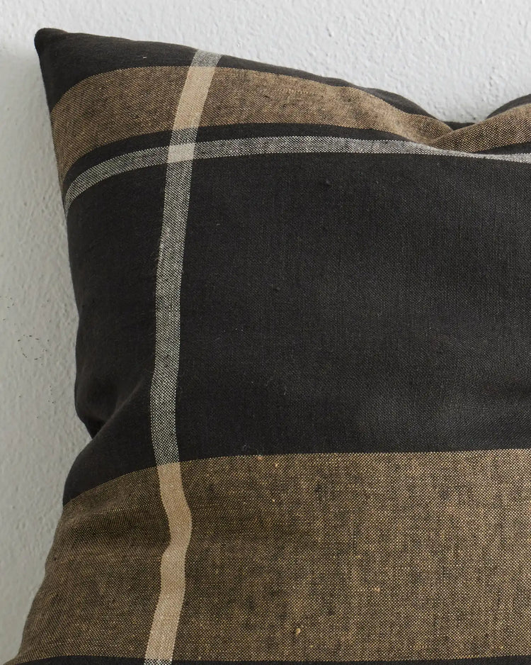 Dante Midnight linen cushion, 50x50cm, charcoal check with natural stripe detail by Weave Home
