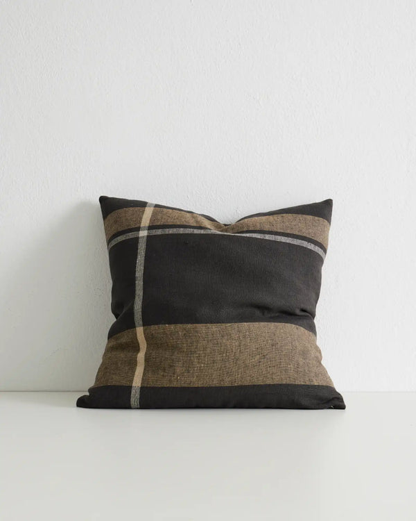 Dante Midnight linen cushion, 50x50cm, charcoal and camel check with grey piping detail by Weave Home