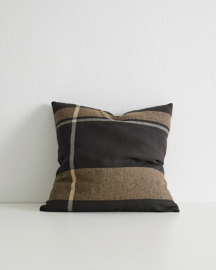 Dante Midnight linen cushion, 50x50cm, charcoal and camel check with grey piping detail by Weave Home