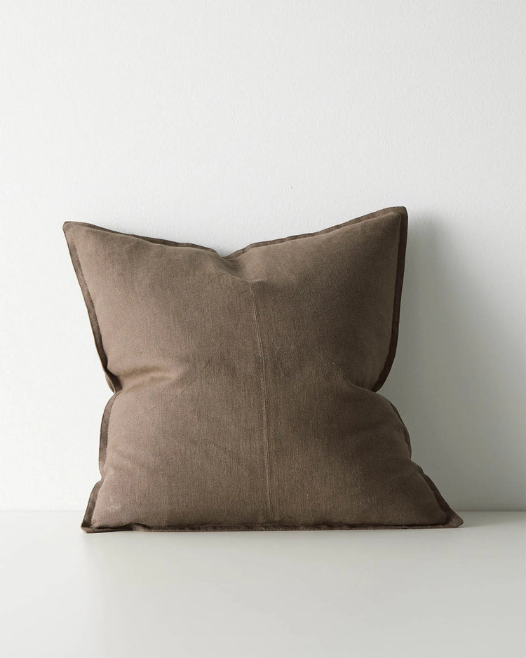 Como Mocha linen cushion cover, 50x50cm, stonewashed European linen in warm brown with piped edging by Weave Home
