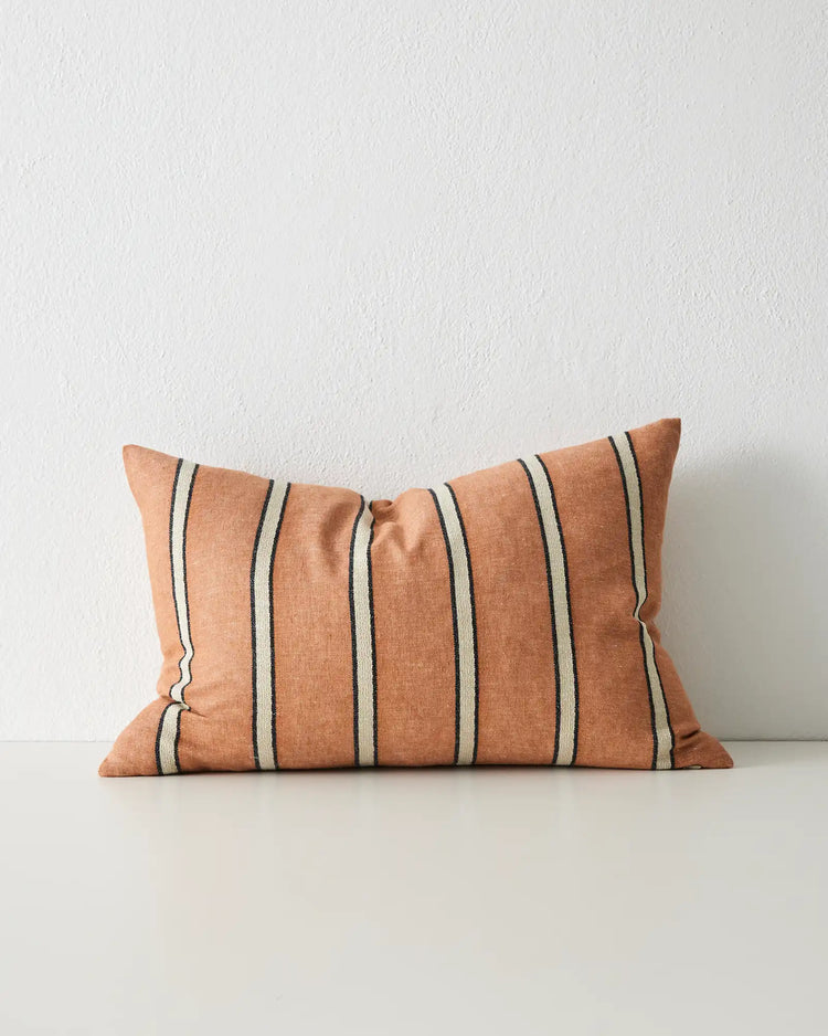 Vinnie Terracotta 40x60 lumbar cushion cover with charcoal and cream cabana stripes on cotton linen blend by Weave Home
