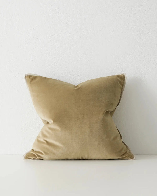 Francesca Olive 50x50 velvet cushion front view, soft taned brown polyester with concealed zipper by Weave Home