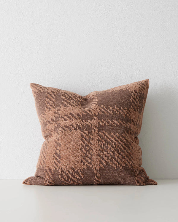 Sienne Earth 50x50 cushion cover with oversized textured check weave in deep reddish-brown and soft brown by Weave Home
