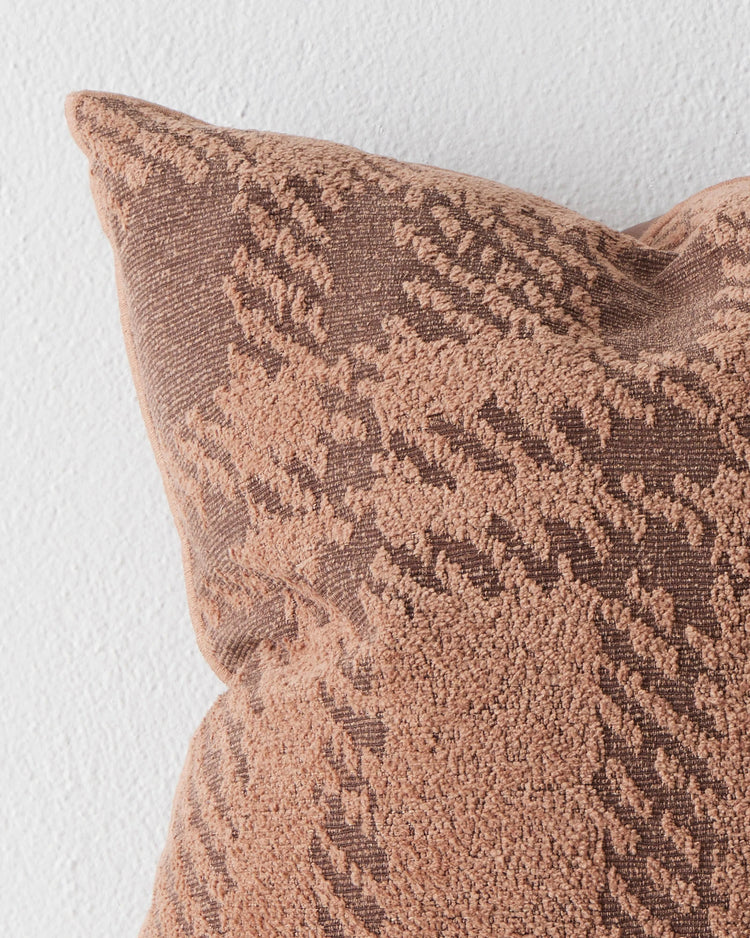 Sienne Earth cushion close-up showing oversized check texture in reddish-brown and soft brown, polyester cotton blend, 50x50cm by Weave Home