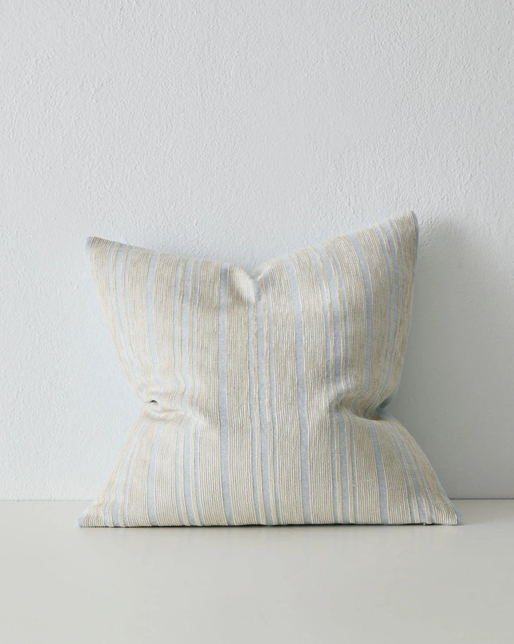 Adriana Glacier 50x50 linen blend cushion with sky blue and sandstone striped weave, knife edge detail by Weave Home