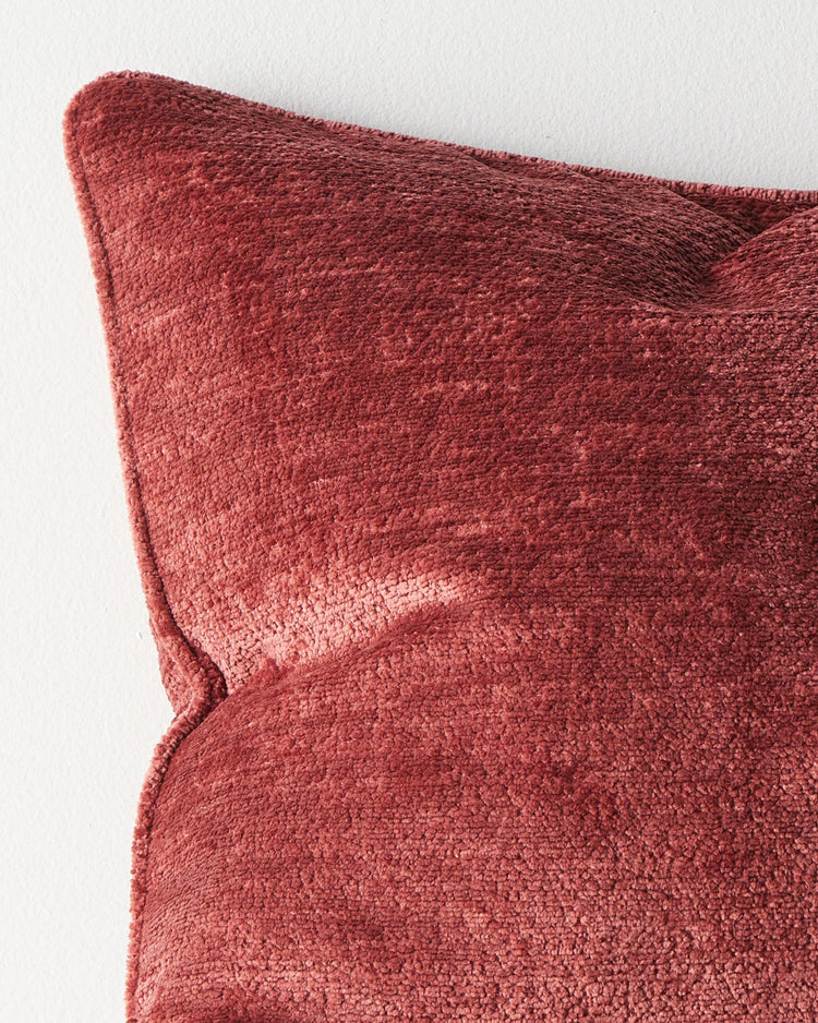 Tempo Ruby cushion close-up detail, showing soft chunky chenille texture and piped edging by Weave Home