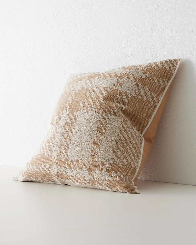 Sienne Desert 50x50 cushion in golden tan with cream oversized check weave and overlocked edge by Weave Home