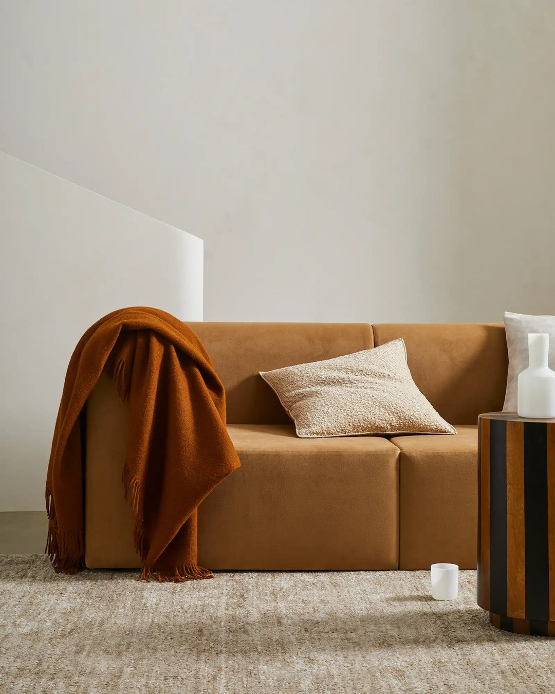 Alberto Nougat bouclé cushion, 50x50cm, with babylock edge and concealed zipper, styled on caramel sofa by Weave Home