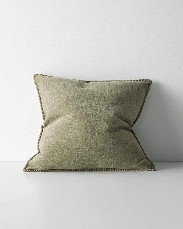 Alba Moss 50x50 cushion, sage-green linen-polyester blend with blanket stitch seam detail, by Weave Home