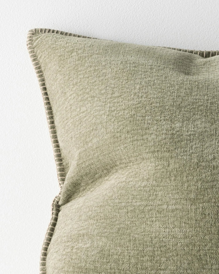 Alba Moss cushion corner detail showcasing blanket stitch seam on linen polyester blend by Weave Home