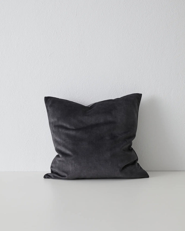 Ava Coal cushion, 50x50cm, charcoal polyester with soft velvet texture and relaxed slouch styling by Weave Home