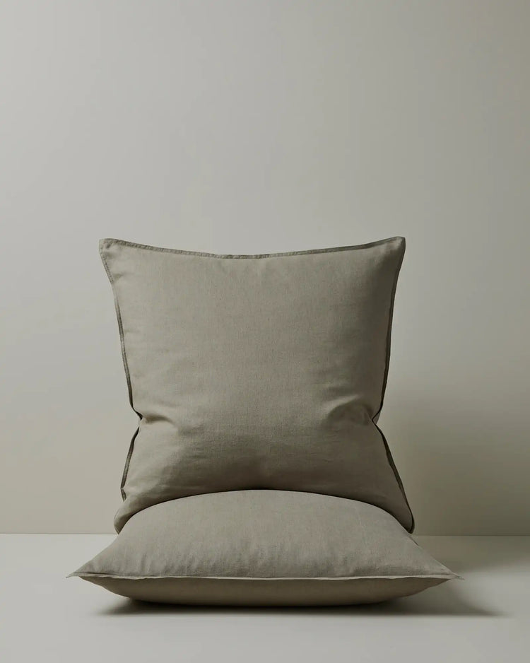 Ravello Pillowcase Set in Caper, Euro size, European linen with top-stitched flanged edge, shown front and side view by Weave Home