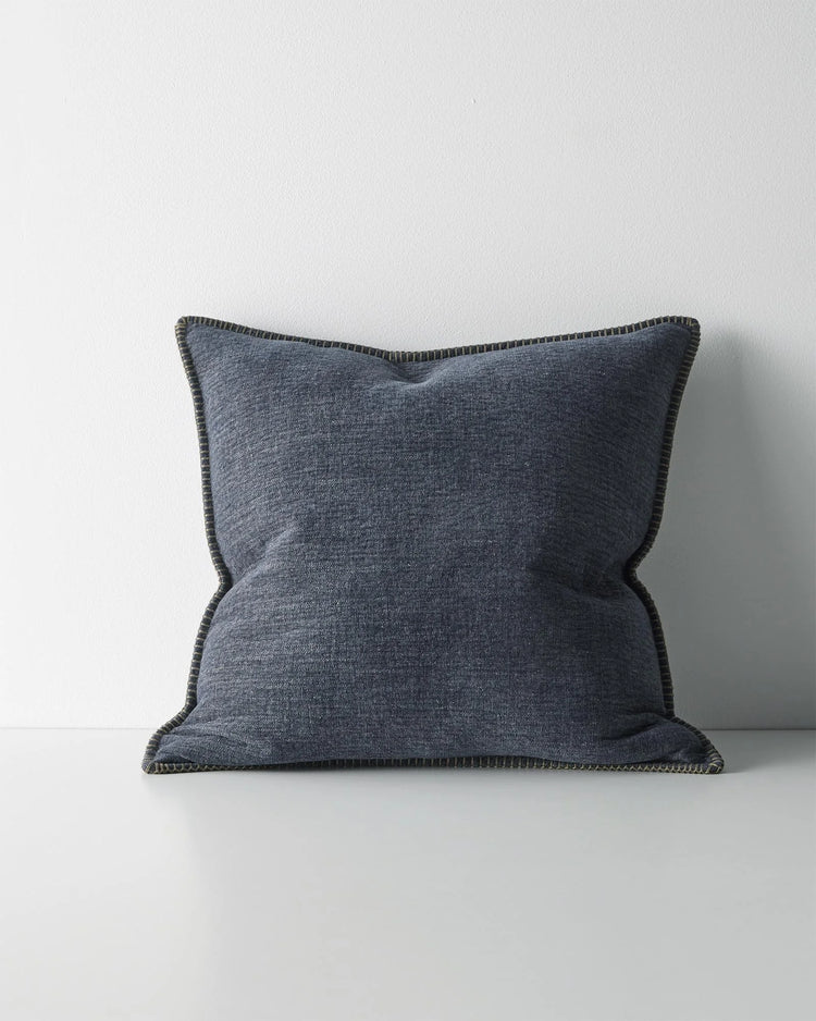 Alba Ocean cushion, 50x50cm, charcoal linen-polyester blend with blanket stitch seam detail by Weave Home