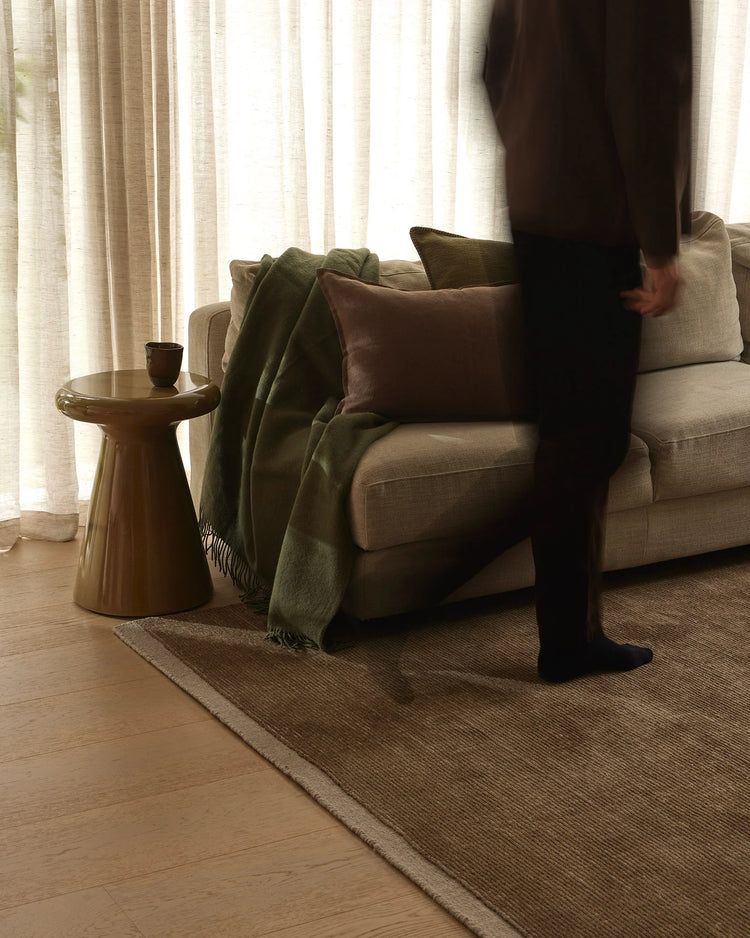 Earthy living room with beige linen sofa, sage-toned wool throw, and layered neutral textures. Warm wood accents, soft natural light through sheer curtains, and natural fiber rug create calm, organic aesthetic.