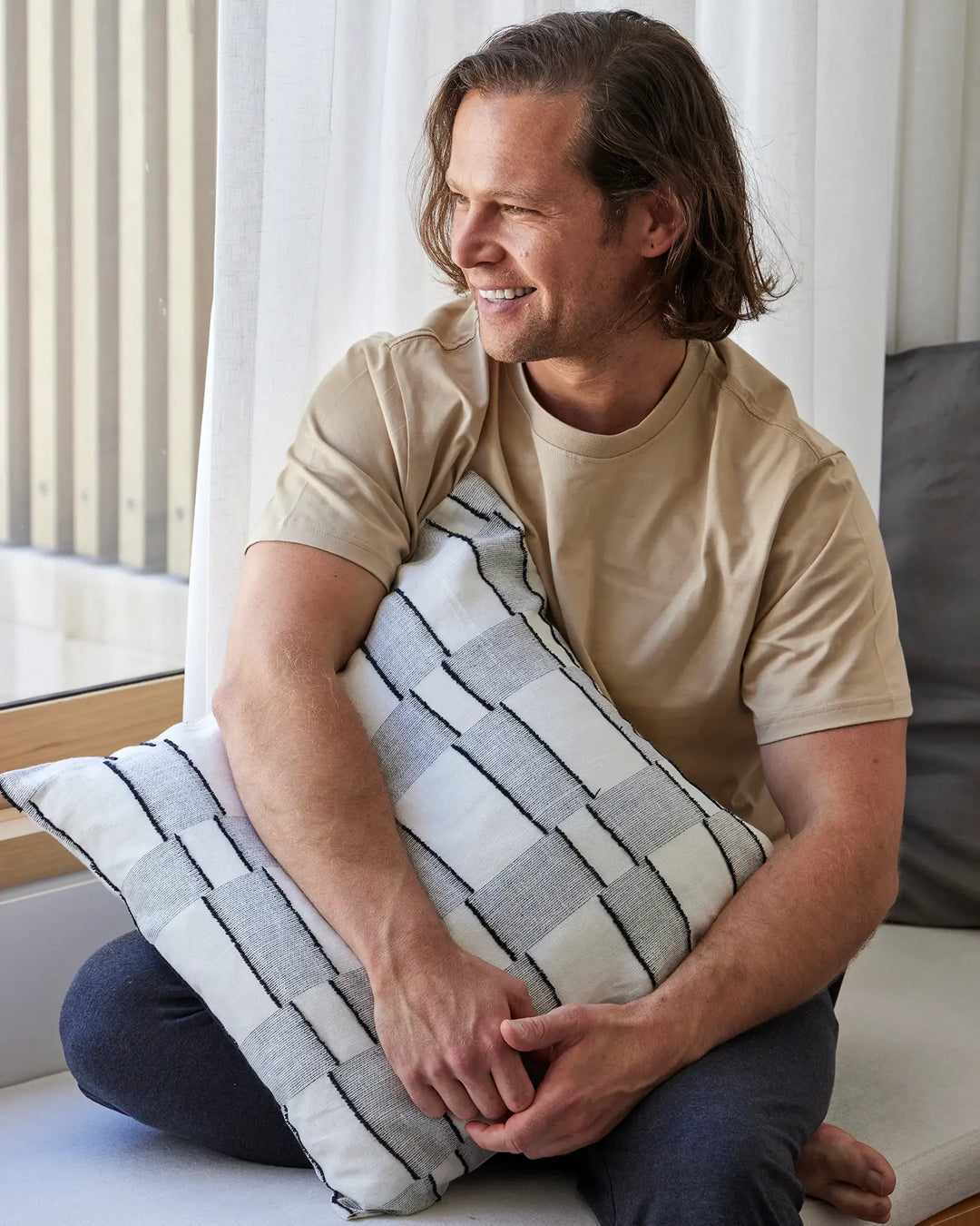 Lorenzo Shadow cotton linen blend cushion in cream and grey check with navy piping, 50x50cm, by Weave Home