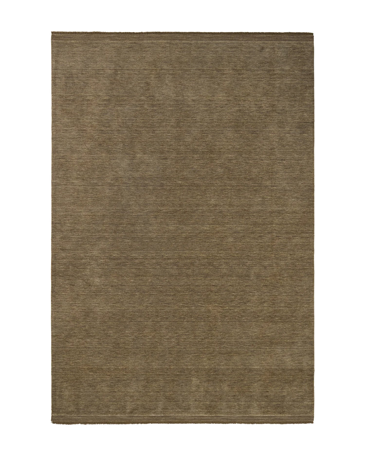 Silvio Walnut hand-woven rug in mid-tone brown with olive undertones, micro fringe border detail, by Weave Home
