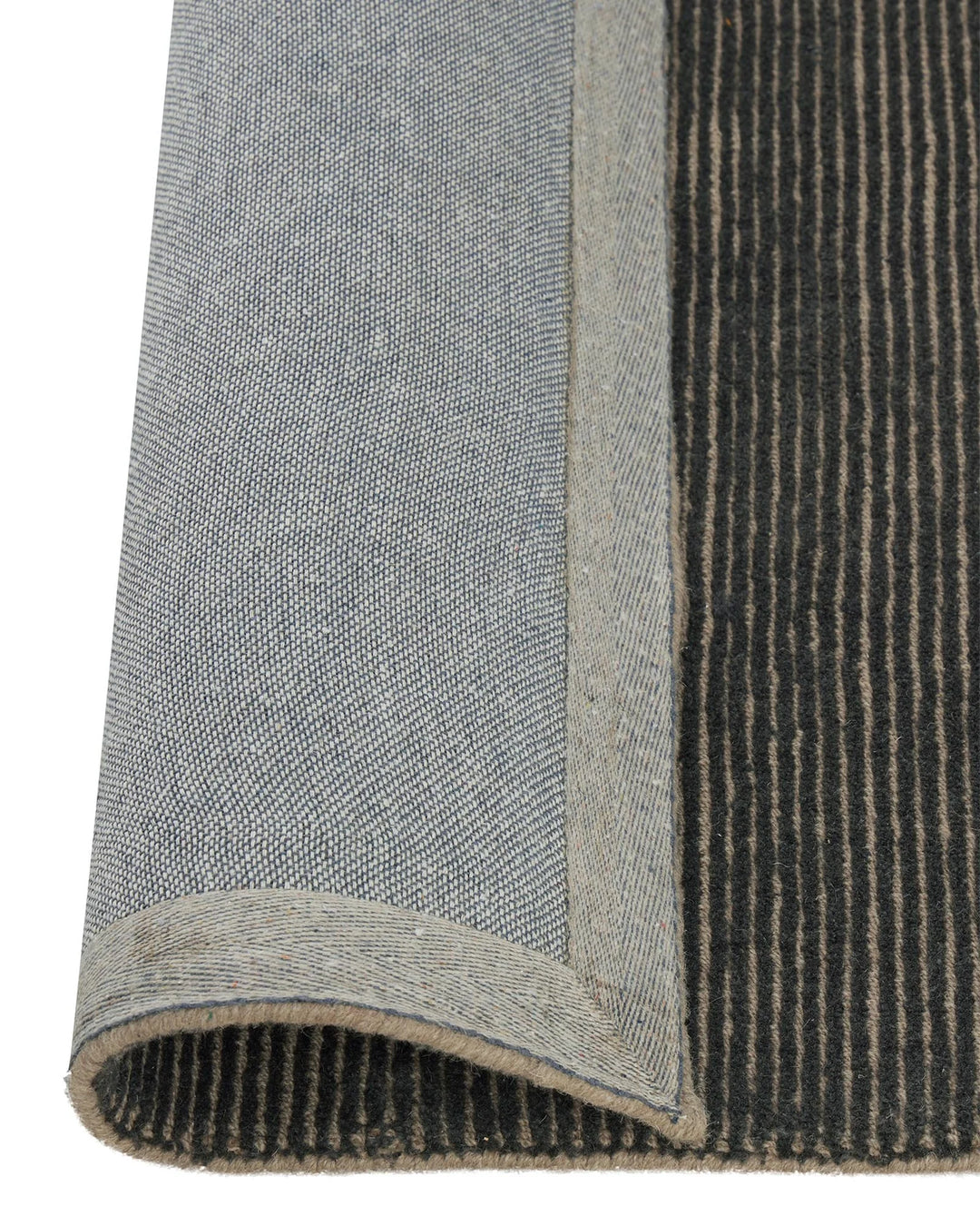 Remo Marine rug detail, 200x300cm, NZ wool with navy and taupe striped weave and taupe border by Weave Home