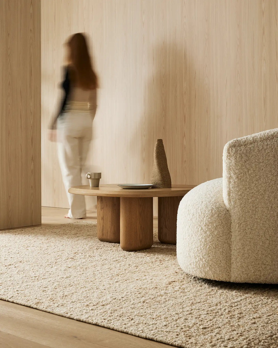 Henley Ivory bouclé rug in NZ wool, 2x3m, with bound edge and textured weave displayed in living space by Weave Home