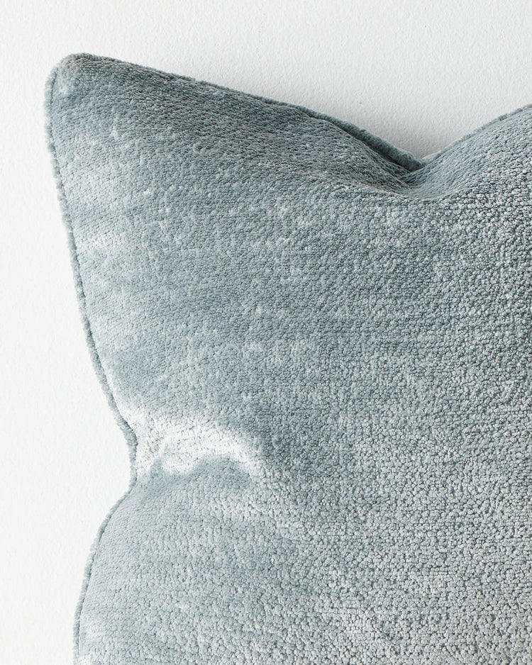 Tempo Sky 50x50 cushion in light blue, close-up of chunky chenille texture and piped edging by Weave Home