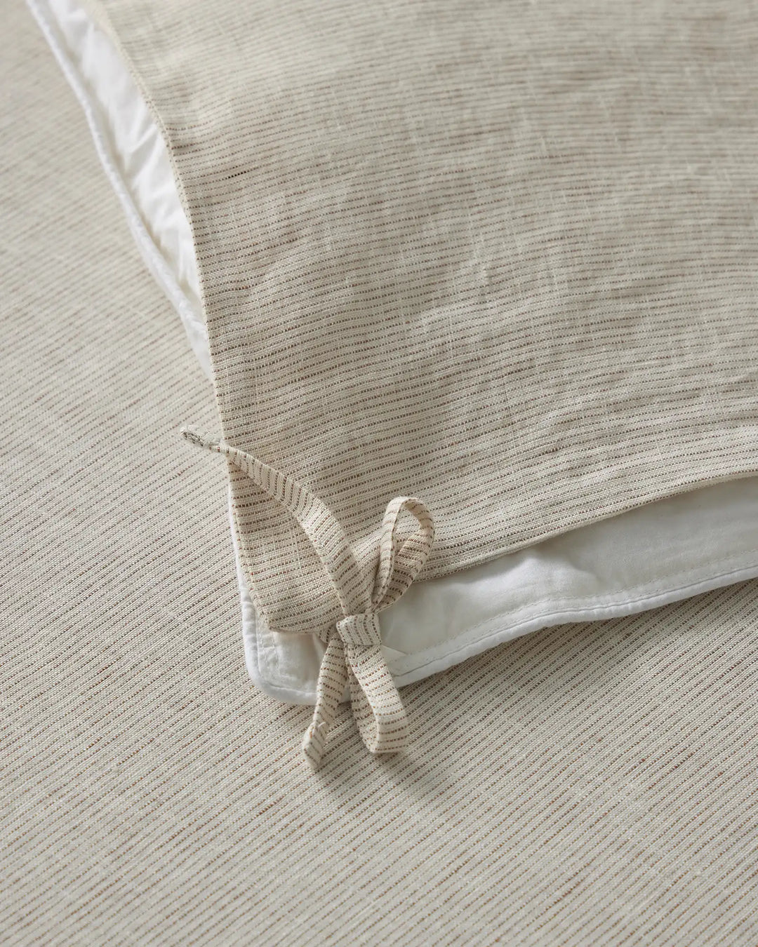 Sova Quilt Cover Savanna Pinstripe detail, 100% European linen with internal tie closure and white trim by Weave Home