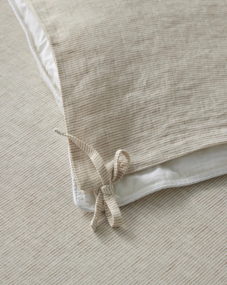 Sova Quilt Cover Savanna Pinstripe detail, 100% European linen with internal tie closure and white trim by Weave Home