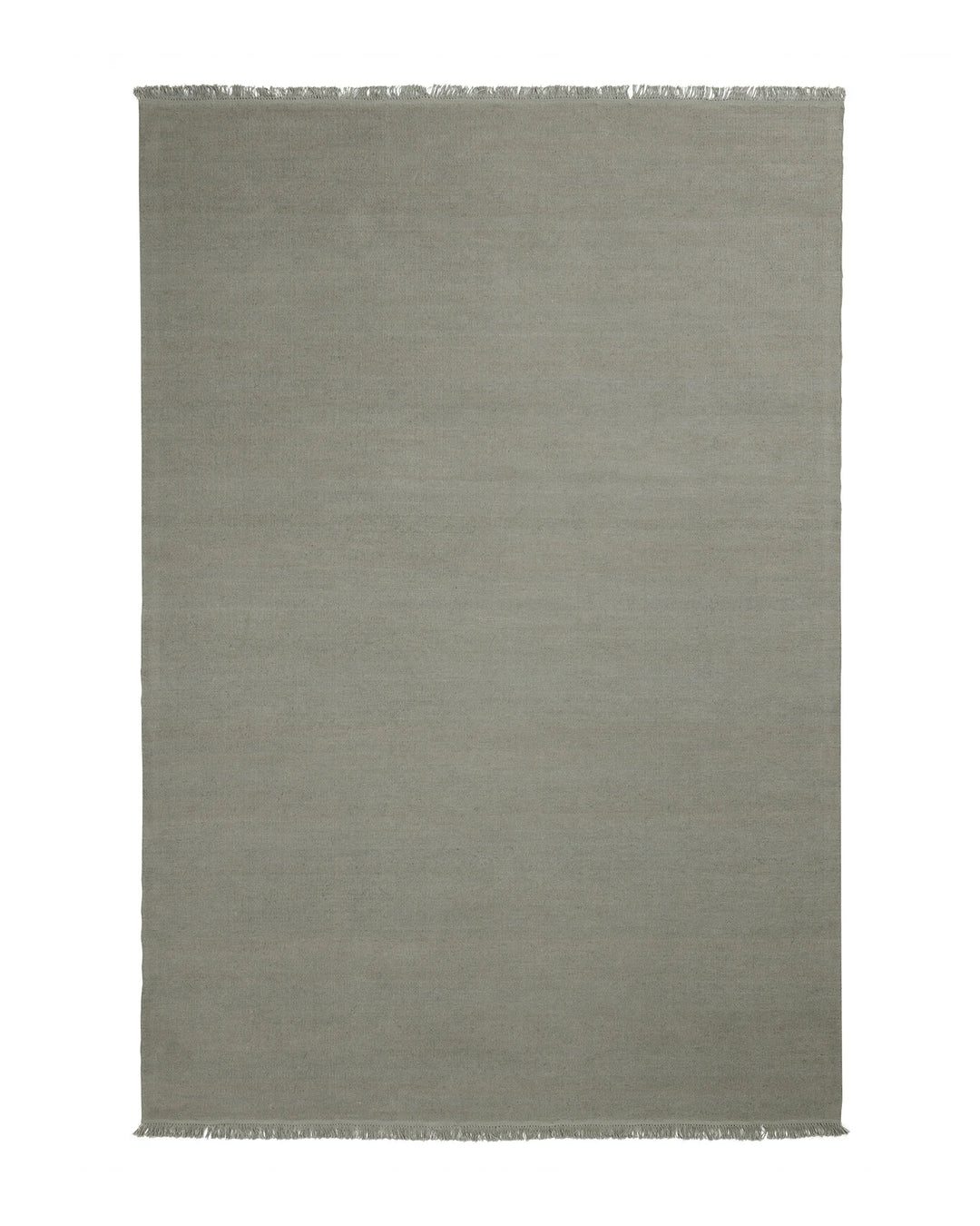 Emilio Flint linen rug in soft grey-blue, flat-weave construction with fringe border detail by Weave Home