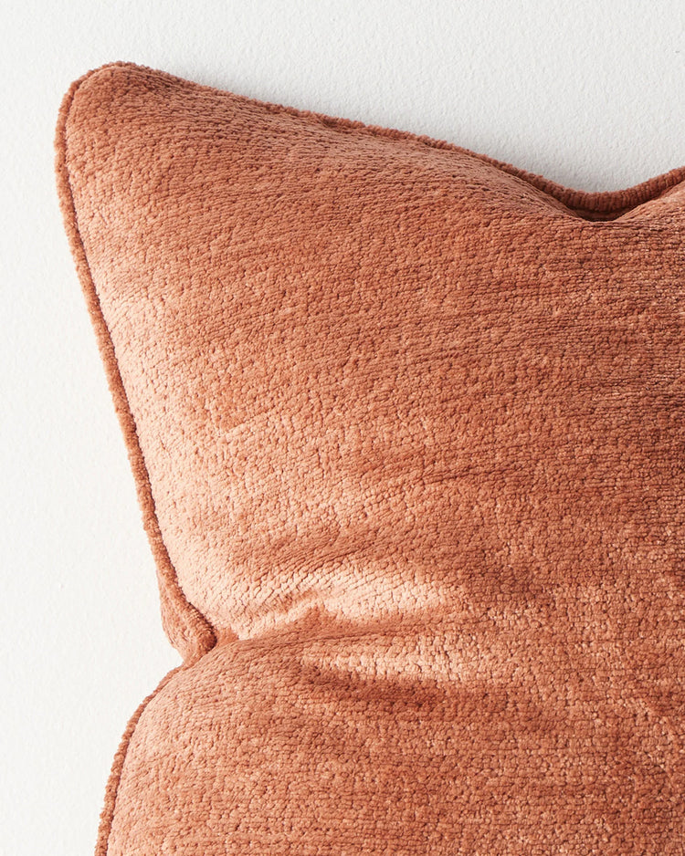 Tempo Spice 50x50 cushion close-up, showing chunky chenille texture and piped edging detail by Weave Home