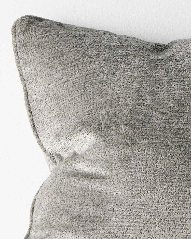 Tempo Steel 50x50 cushion close-up, chunky chenille texture with piped edging by Weave Home