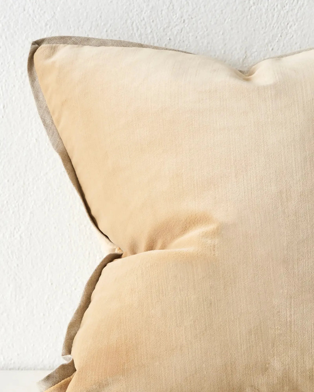 Francesca Mustard 50x50 cushion detail, soft velvet polyester with concealed zipper, creamy yellow tone by Weave Home